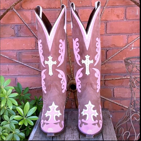LANE Grace Cross Tall Brown Pink White Leather Cowboy Western Boots, Size 7.5 - Picture 2 of 13